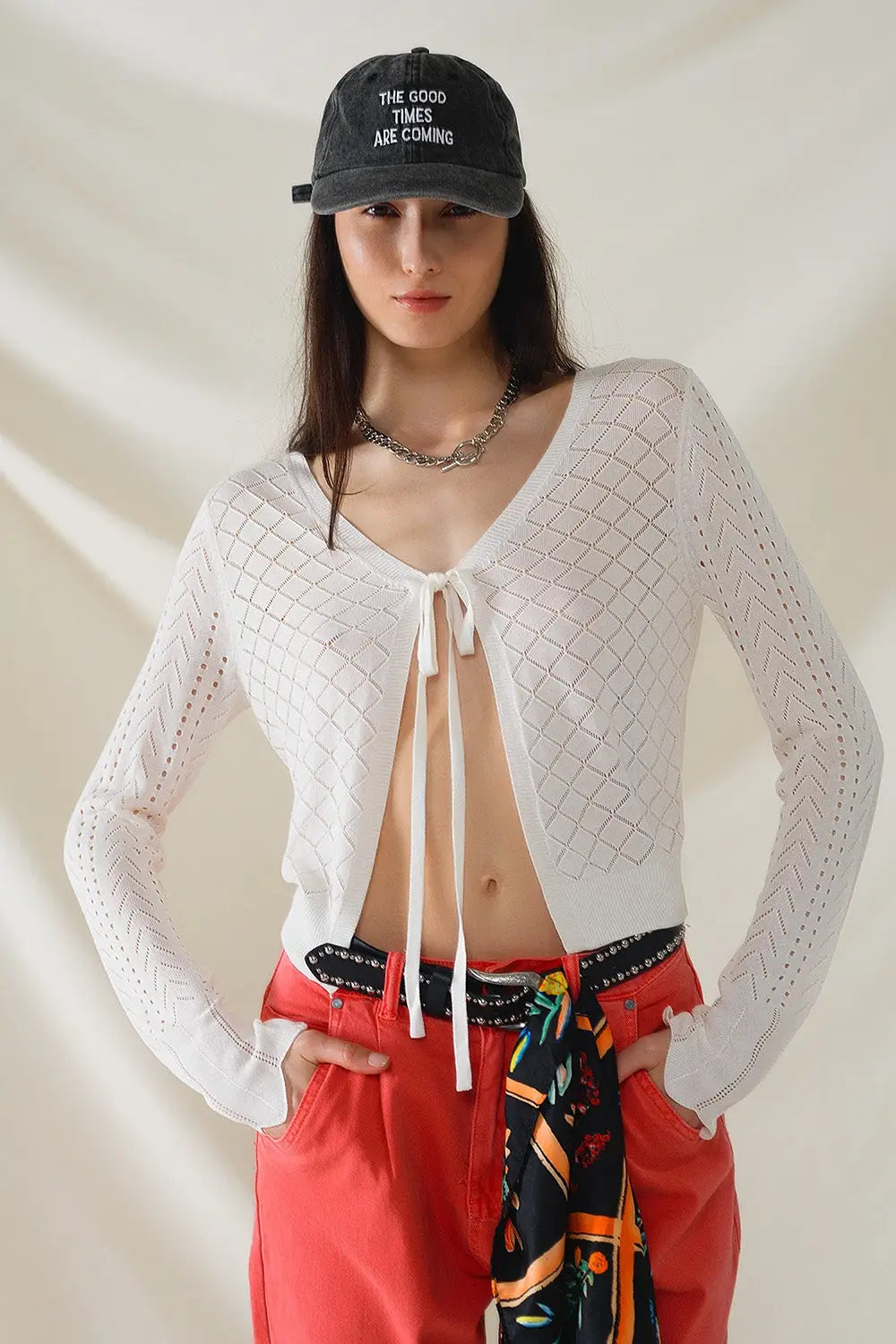 White Cardigan with Argyle Print and Tie Closing - WHITE / ONE - Cardigans