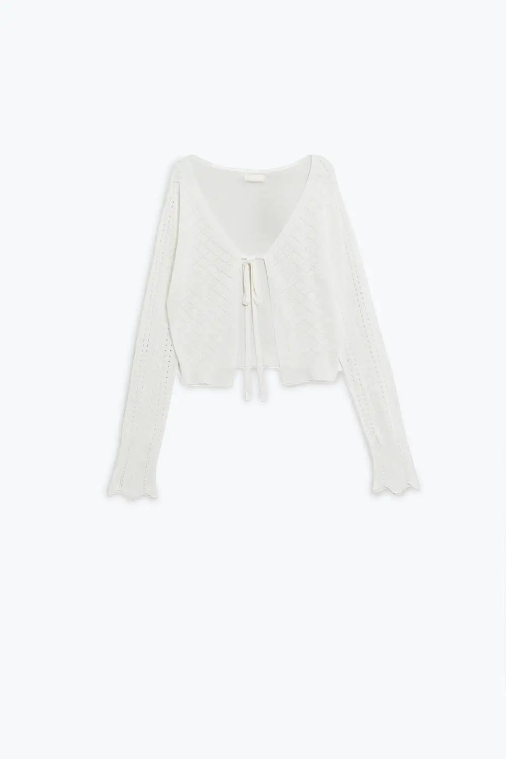 White Cardigan with Argyle Print and Tie Closing - WHITE / ONE - Cardigans