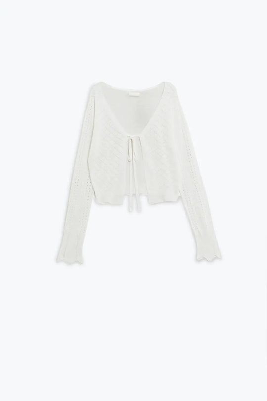 White Cardigan with Argyle Print and Tie Closing - WHITE / ONE - Cardigans
