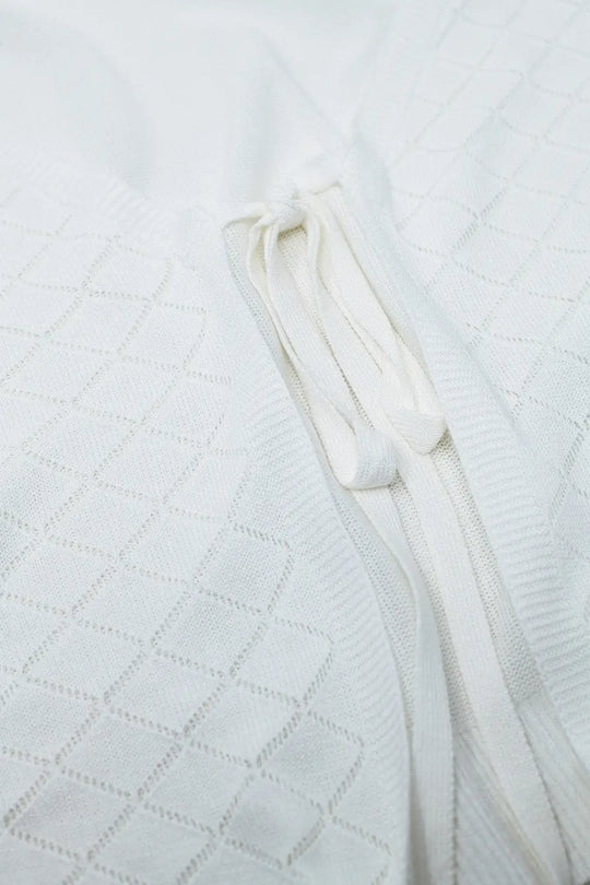 White Cardigan with Argyle Print and Tie Closing - WHITE / ONE - Cardigans