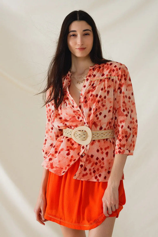 Orange Shirt With Abstract Print And 3/4 Length Sleeves - Shirts