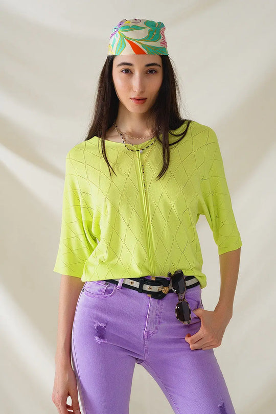 Lime Colored Short Sleeve Sweater With Argyle Pattern - GREEN / ONE - Sweaters