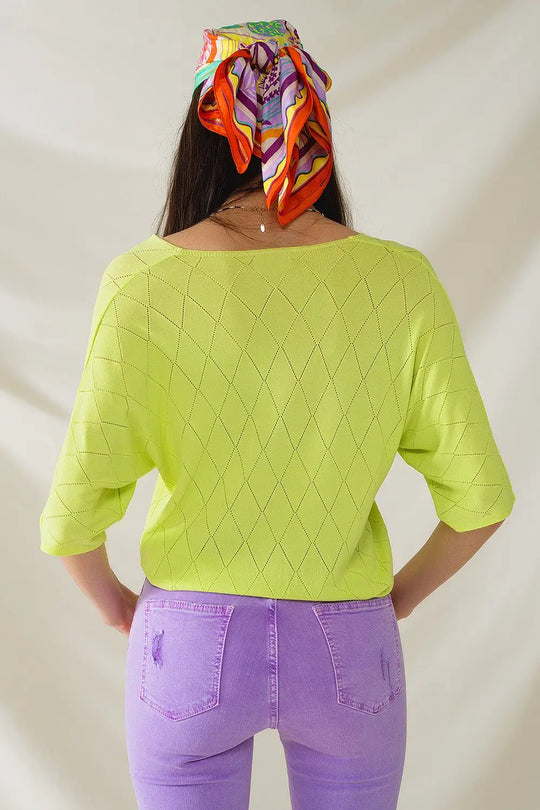 Lime Colored Short Sleeve Sweater With Argyle Pattern - GREEN / ONE - Sweaters