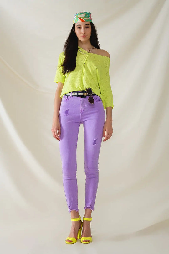 Lime Colored Short Sleeve Sweater With Argyle Pattern - GREEN / ONE - Sweaters