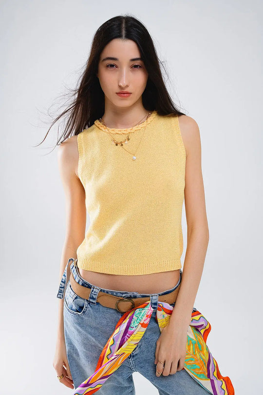 Sleeveless Yellow Sweater With Crew Neckline And Braid Detail At Neckline - YELLOW / ONE - Sweaters