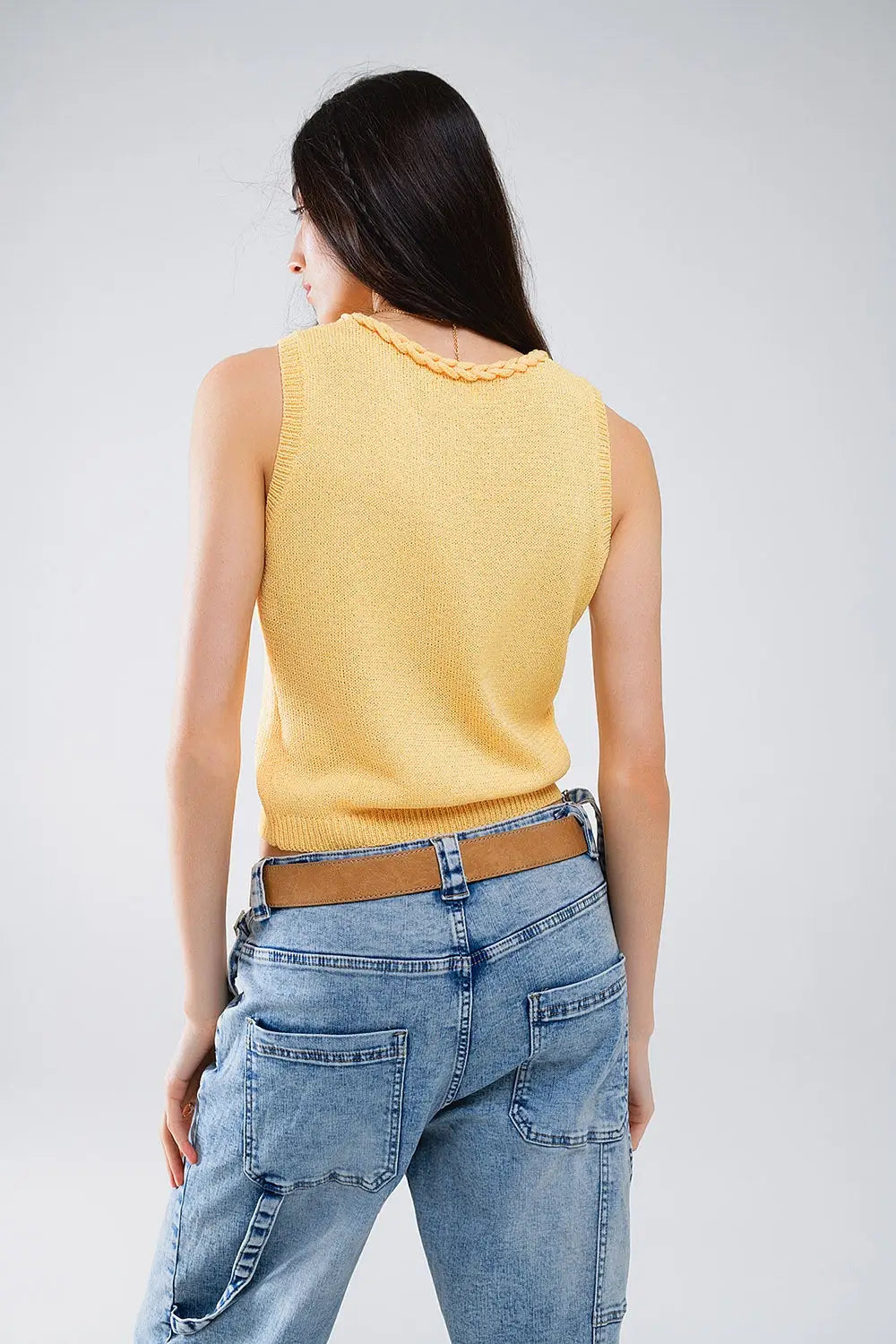 Sleeveless Yellow Sweater With Crew Neckline And Braid Detail At Neckline - YELLOW / ONE - Sweaters