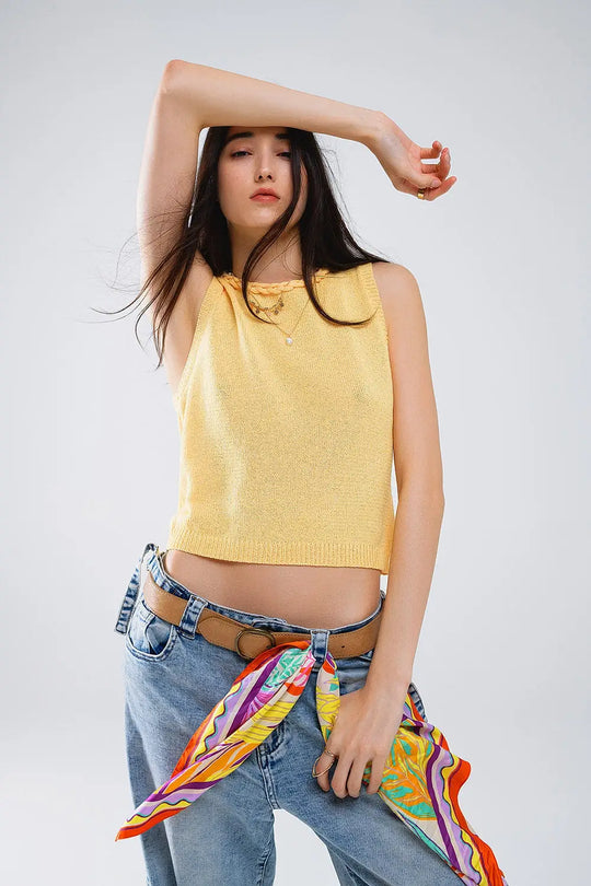 Sleeveless Yellow Sweater With Crew Neckline And Braid Detail At Neckline - YELLOW / ONE - Sweaters