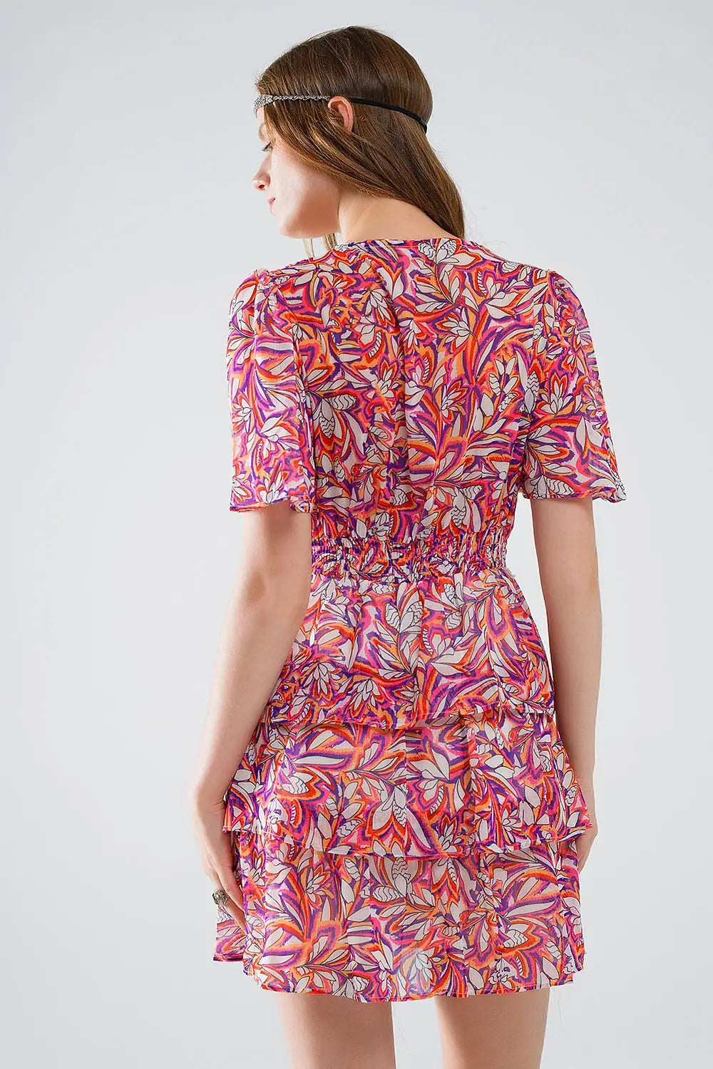 Short Multicolor chiffon Dress with Floral print and Ruched Design - Dresses