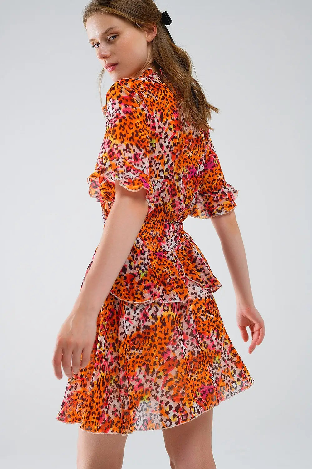 Short Dress with Animal Print in Orange and White - Dresses