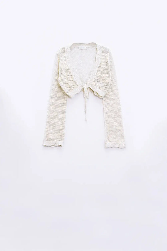 beige short crochet cardigan with lurex detail - BEIGE / ONE - Cardigans