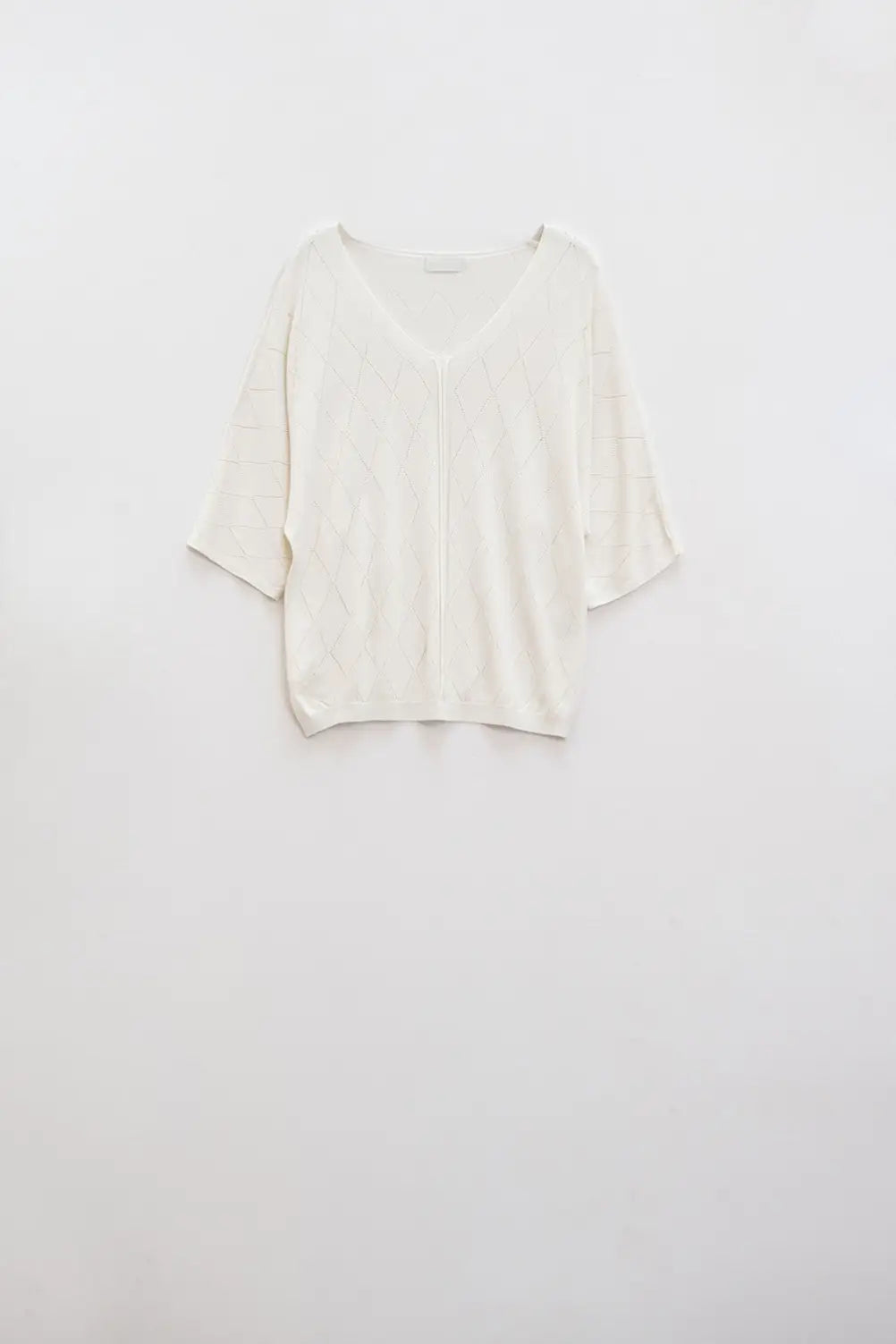 Beige Short Sleeve Sweater With Argyle Pattern - BEIGE / ONE - Sweaters
