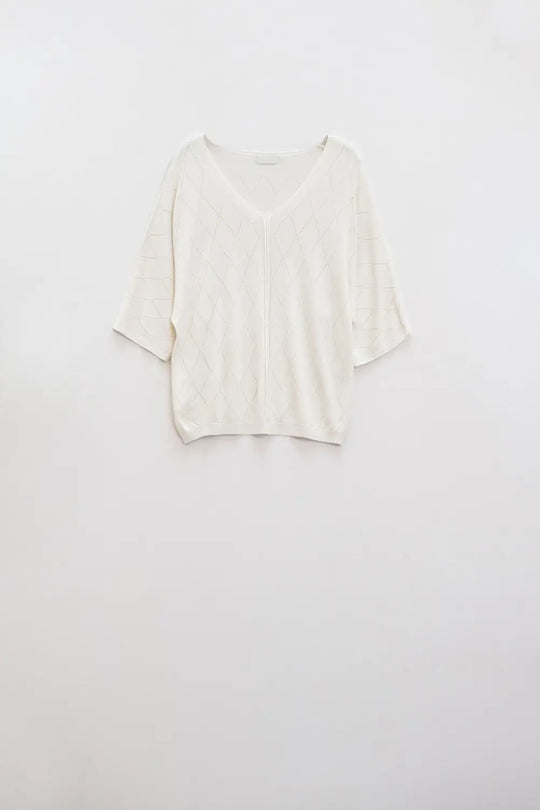 Beige Short Sleeve Sweater With Argyle Pattern - BEIGE / ONE - Sweaters