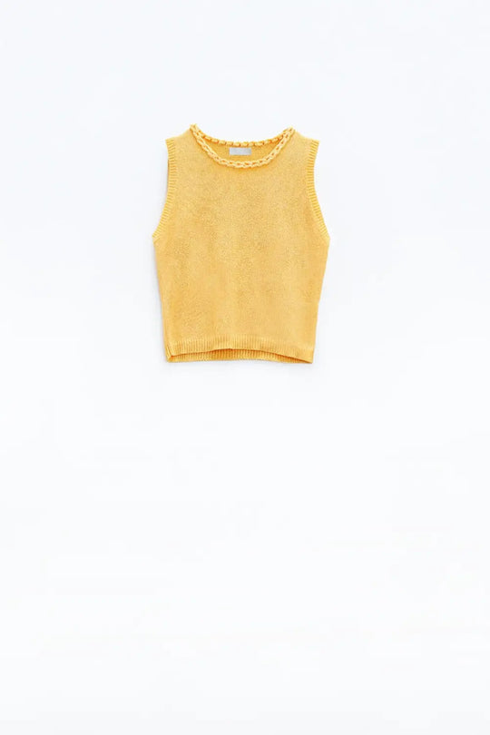 Sleeveless Yellow Sweater With Crew Neckline And Braid Detail At Neckline - YELLOW / ONE - Sweaters