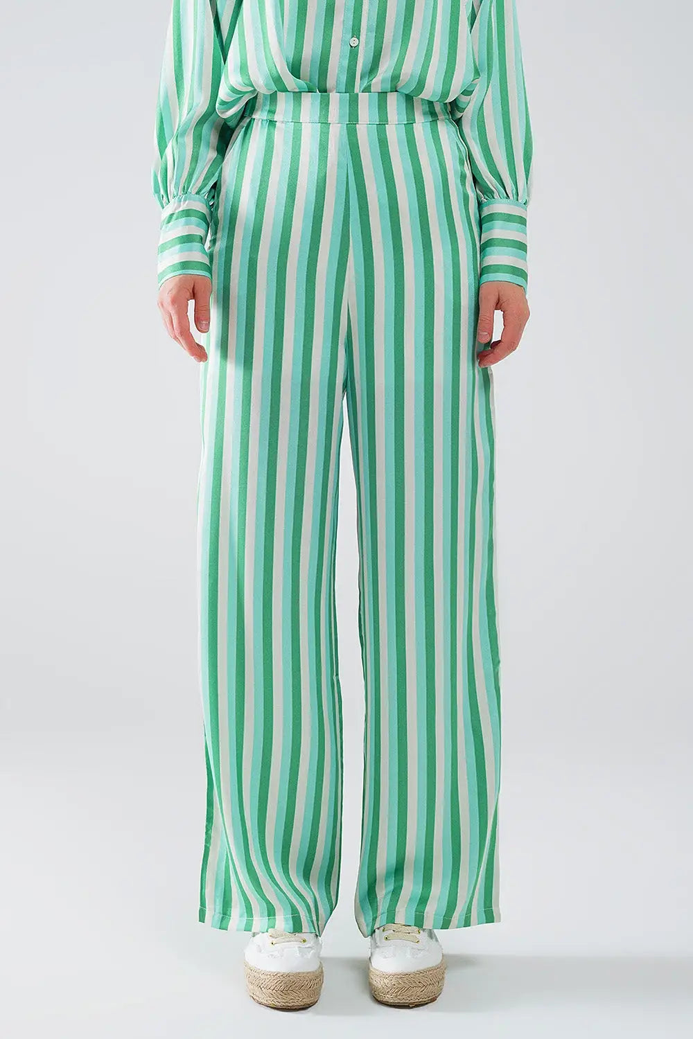 Vertical Striped Straight Leg satin Pants in Green - Pants