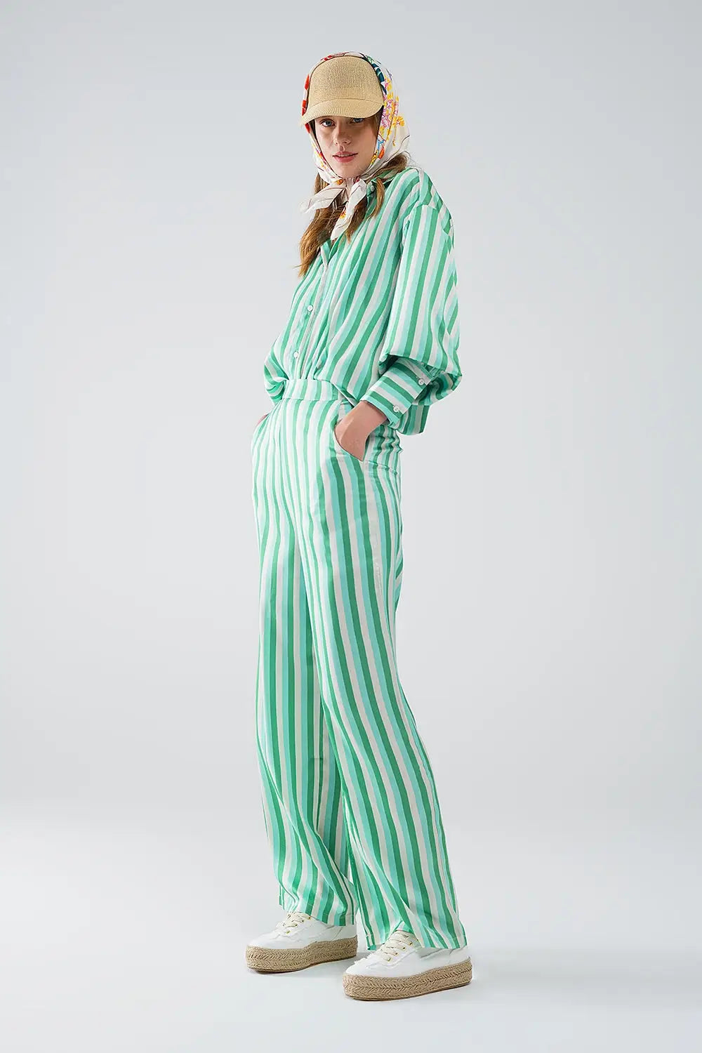 Vertical Striped Straight Leg satin Pants in Green - Pants