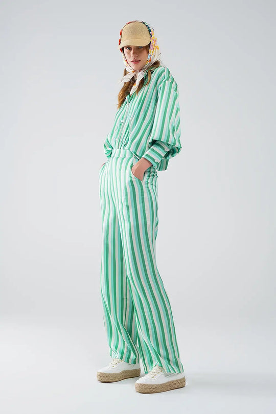 Vertical Striped Straight Leg satin Pants in Green - Pants