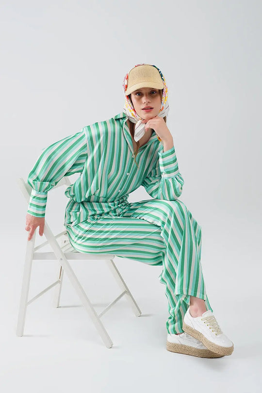 Vertical Striped Straight Leg satin Pants in Green - Pants