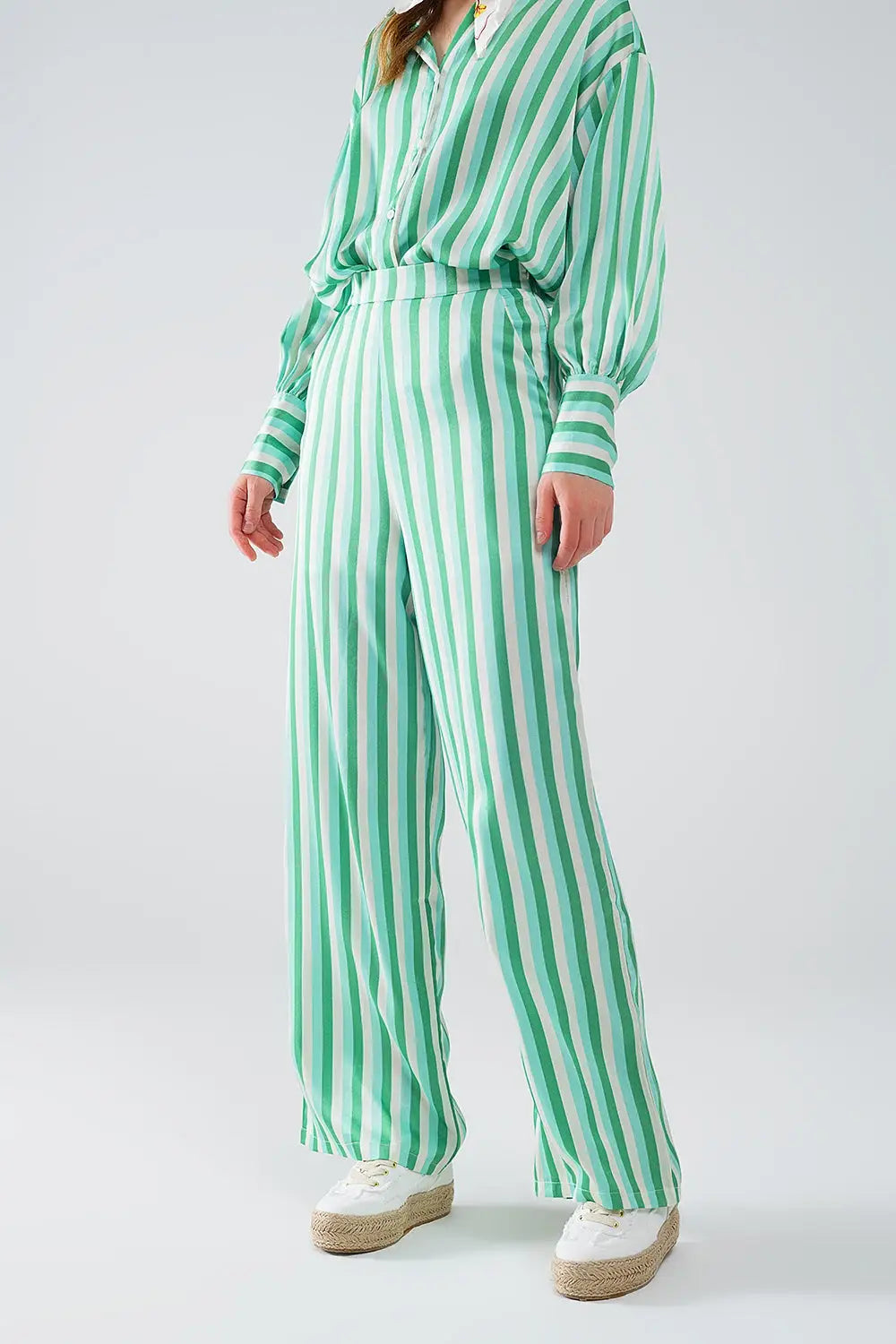 Vertical Striped Straight Leg satin Pants in Green - Pants