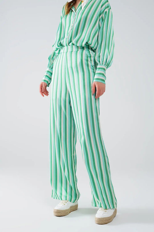 Vertical Striped Straight Leg satin Pants in Green - Pants
