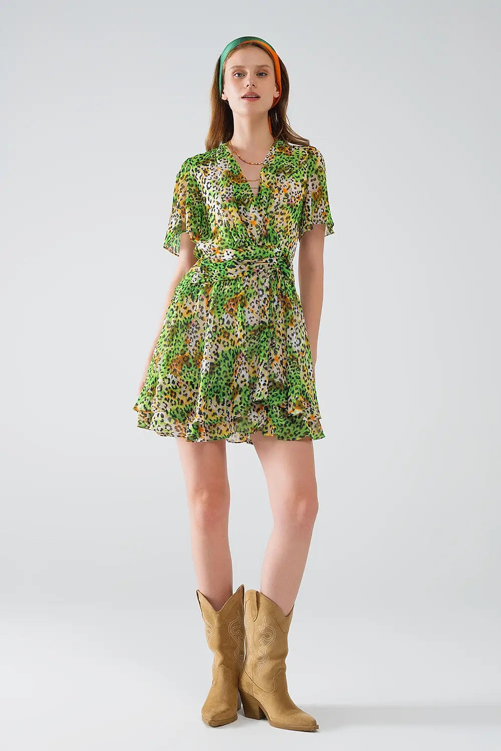 Short Green Multicolored Dress With Crossed Top with Animal Print - Dresses
