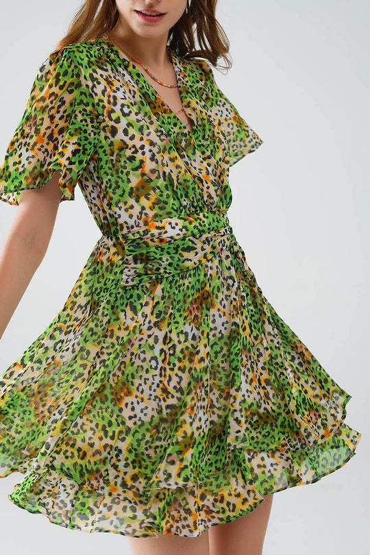 Short Green Multicolored Dress With Crossed Top with Animal Print - Dresses