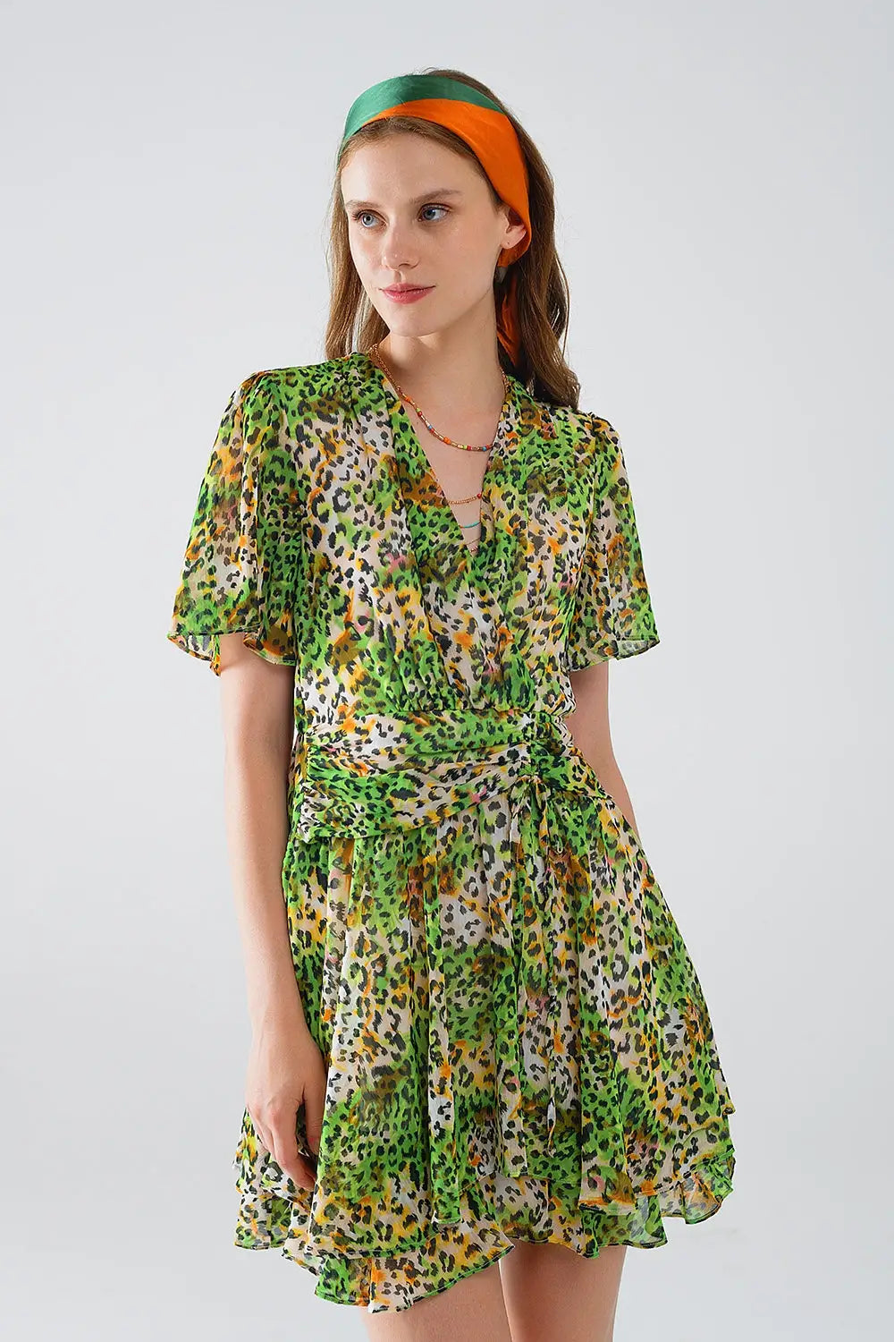 Short Green Multicolored Dress With Crossed Top with Animal Print - Dresses