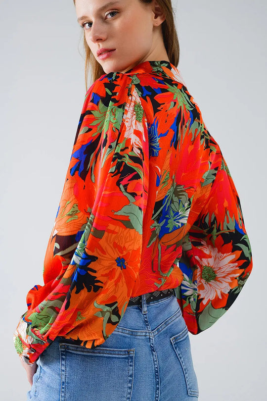 Floral Balloon Sleeves chiffon Shirt in Black - Shirts