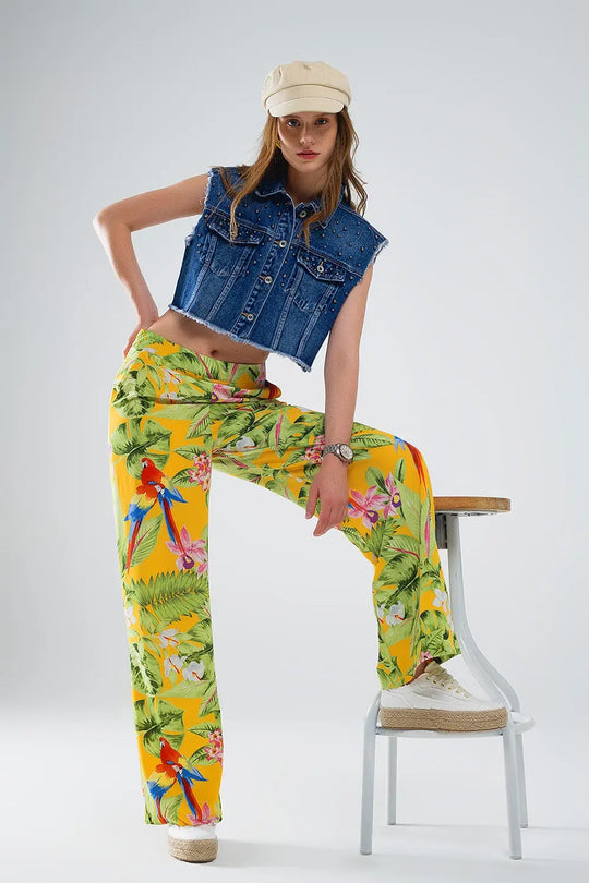 Yellow Pants with Tropical Print with Zip Side - Pants