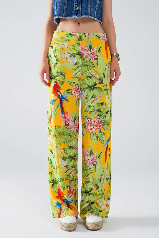 Yellow Pants with Tropical Print with Zip Side - Pants