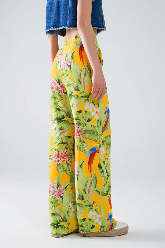 Yellow Pants with Tropical Print with Zip Side - Pants
