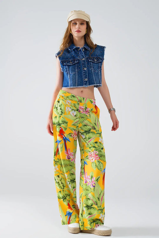 Yellow Pants with Tropical Print with Zip Side - Pants