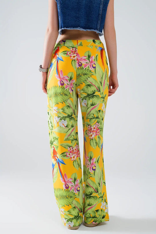Yellow Pants with Tropical Print with Zip Side - Pants