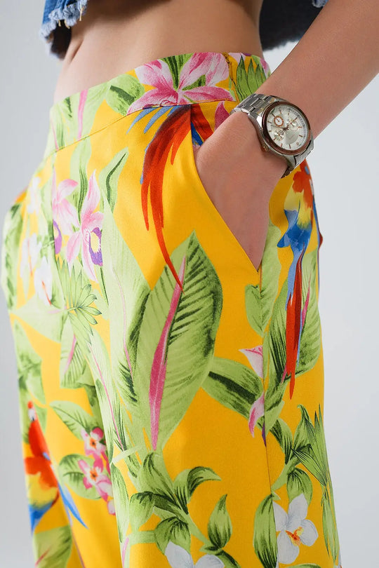 Yellow Pants with Tropical Print with Zip Side - Pants