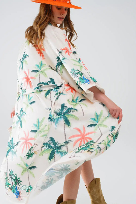 Cream Open Kimono with Beach Print in Midi Length - Jackets
