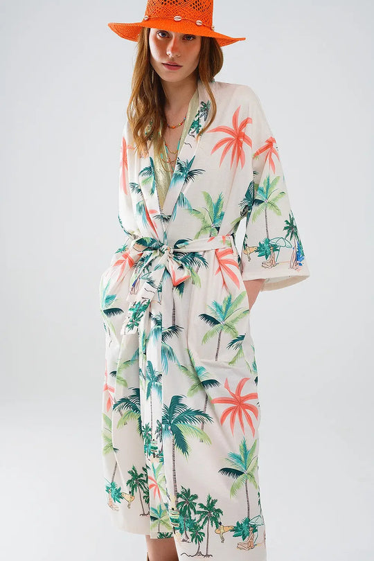 Cream Open Kimono with Beach Print in Midi Length - Jackets