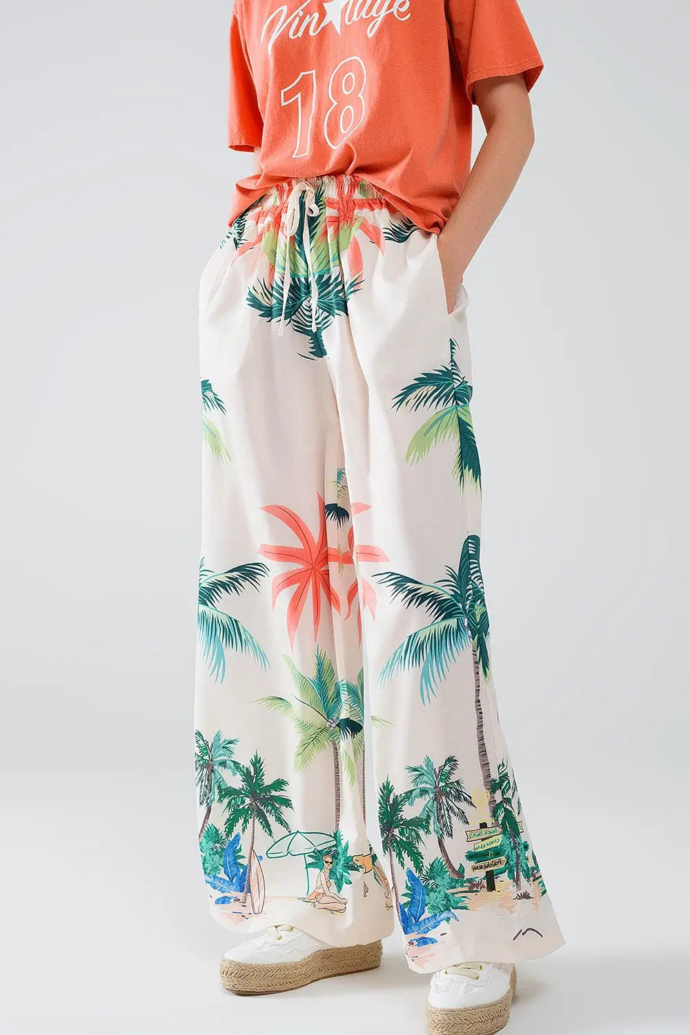Cream Straight Leg Pants with Beach Print and Elastic Waist - Pants