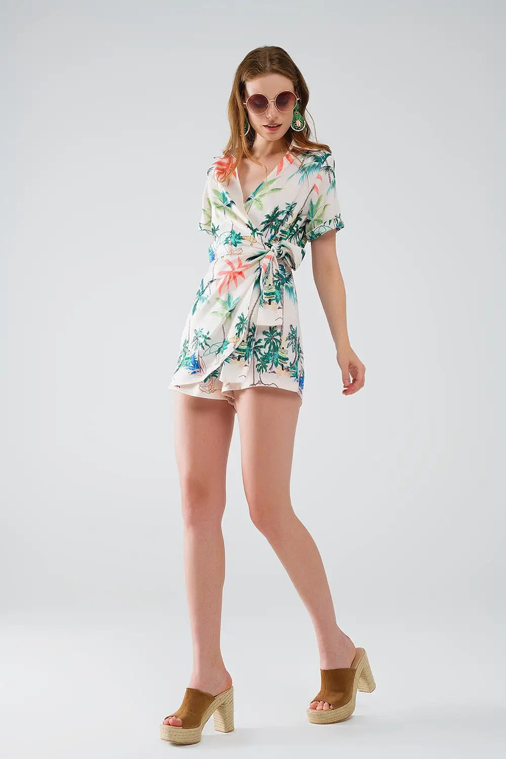 Cream Jumpsuit with beach Print and Crossed Top - Jumpsuits