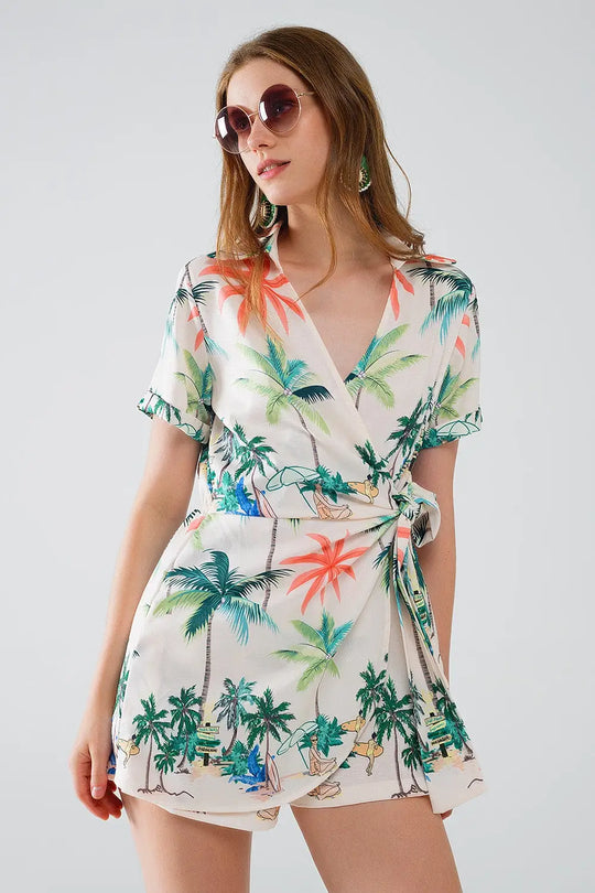 Cream Jumpsuit with beach Print and Crossed Top - Jumpsuits