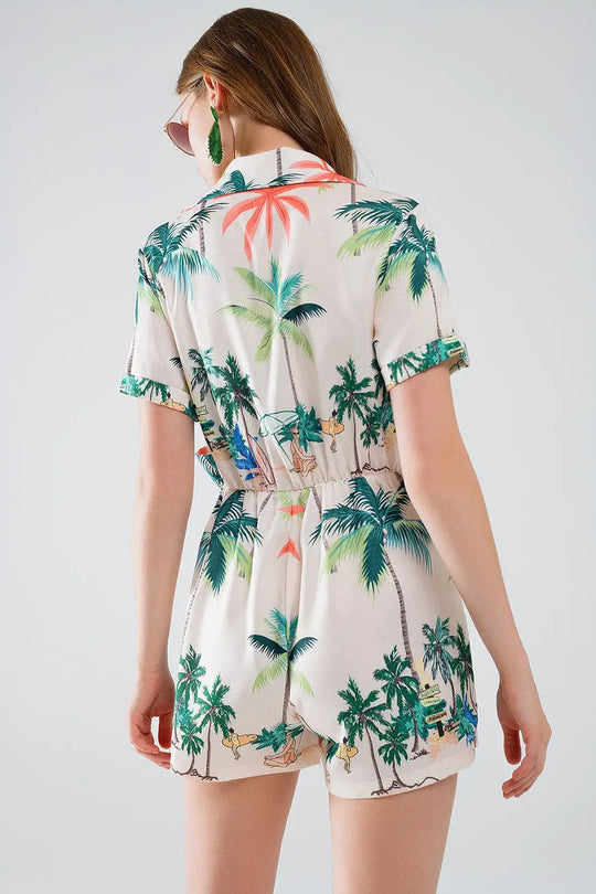 Cream Jumpsuit with beach Print and Crossed Top - Jumpsuits