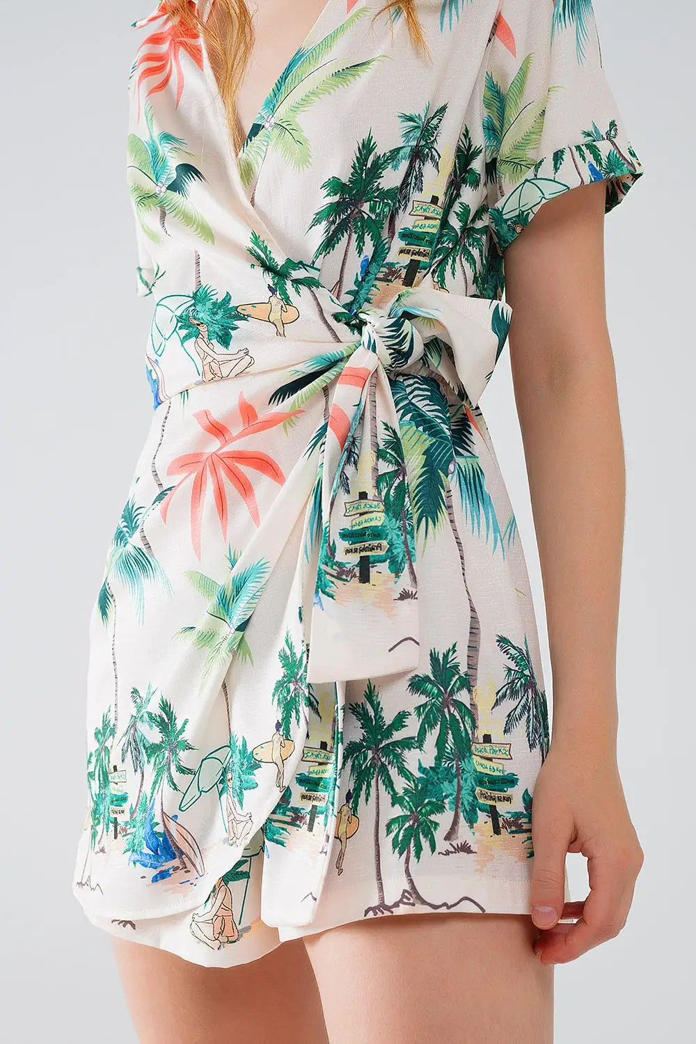 Cream Jumpsuit with beach Print and Crossed Top - Jumpsuits