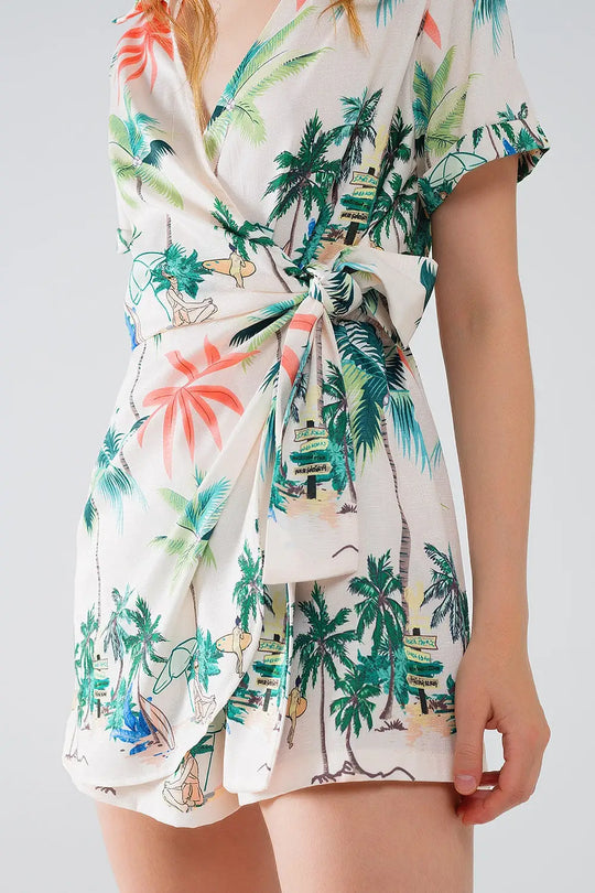 Cream Jumpsuit with beach Print and Crossed Top - Jumpsuits