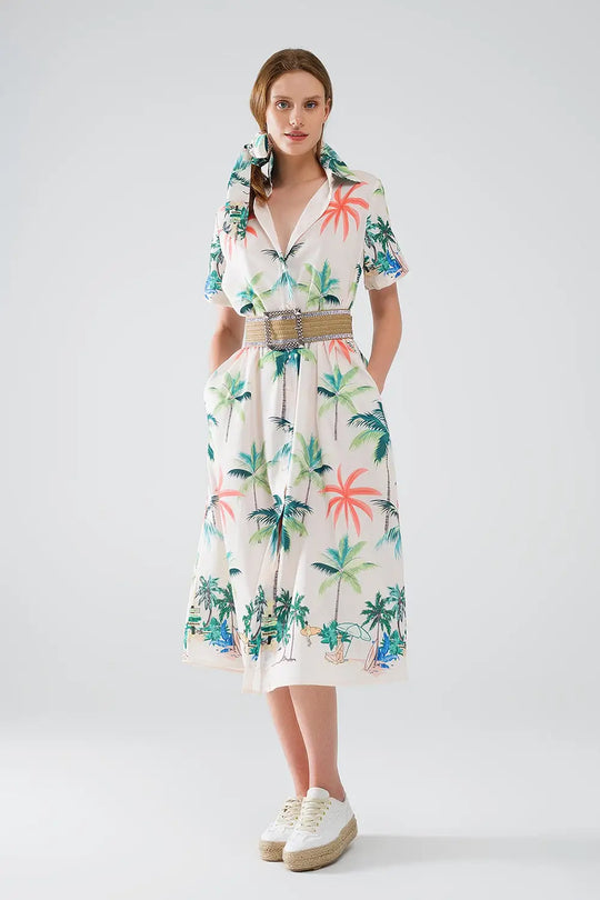 Cream Midi Dress with Beach Print and Polo Collar - Dresses
