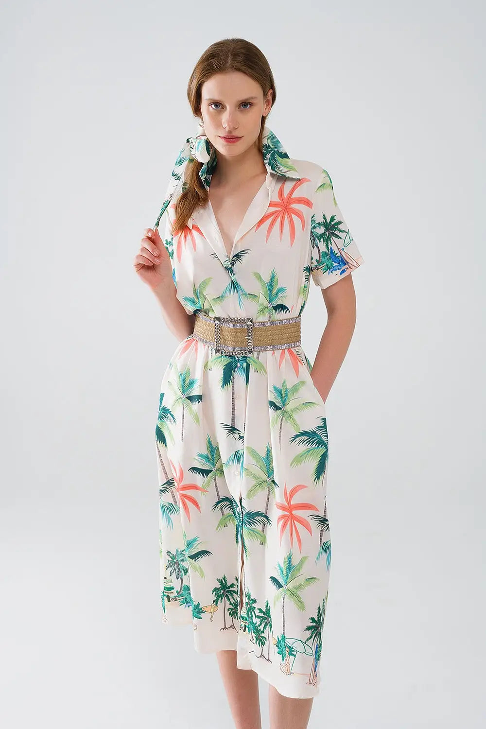 Cream Midi Dress with Beach Print and Polo Collar - Dresses