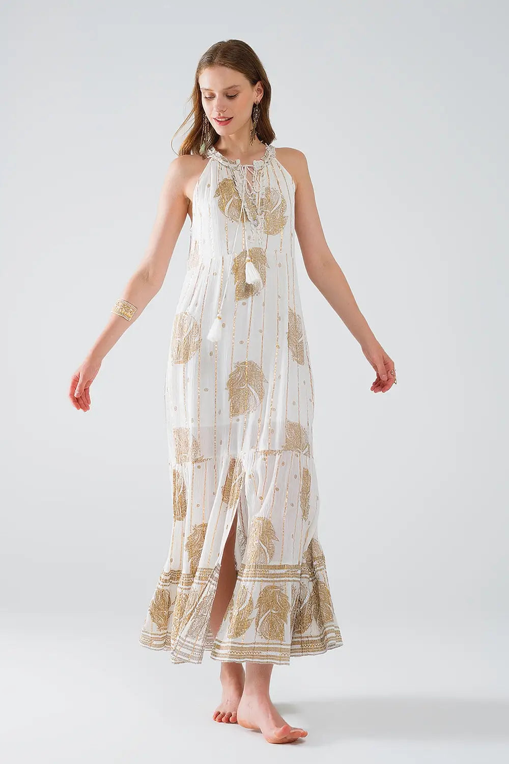 boho maxi chiffon dress with gold flower print - Dresses