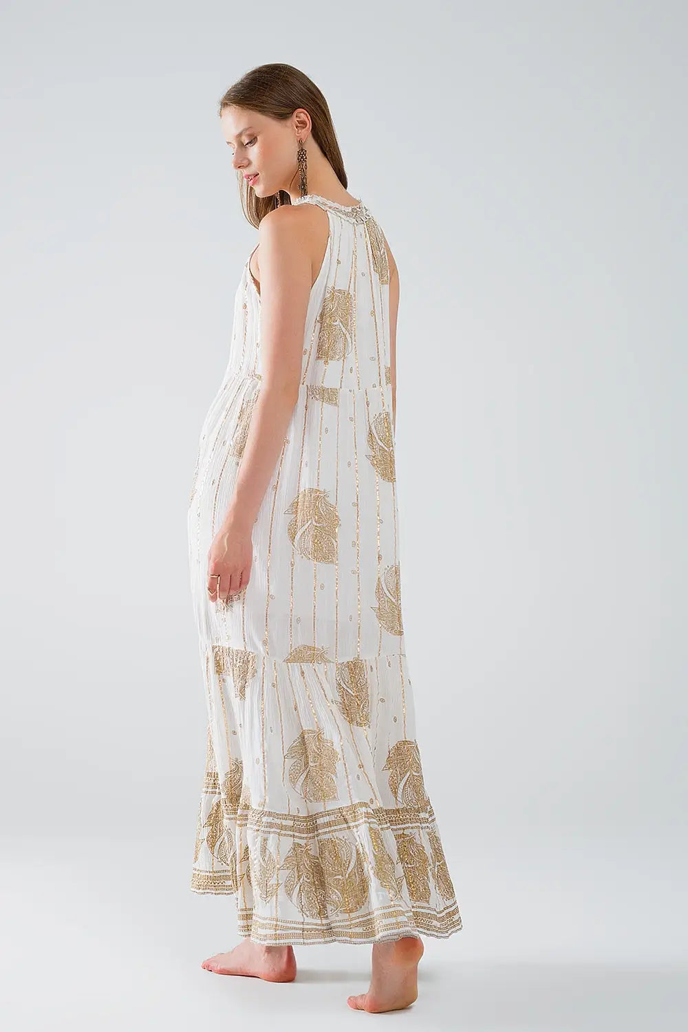boho maxi chiffon dress with gold flower print - Dresses