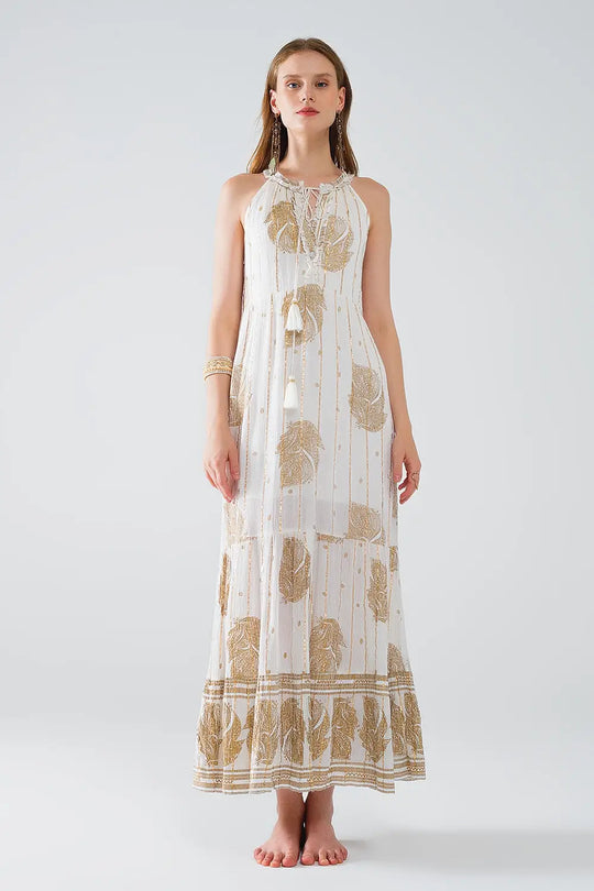 boho maxi chiffon dress with gold flower print - Dresses