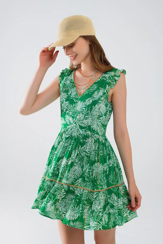 short green boho flower print dress with lurex detail - Dresses