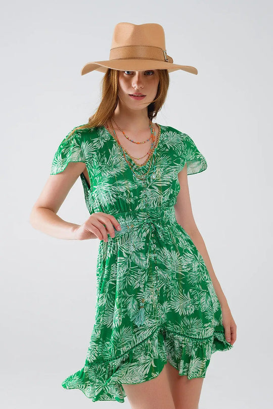 short green boho flower print dress with open back - Dresses