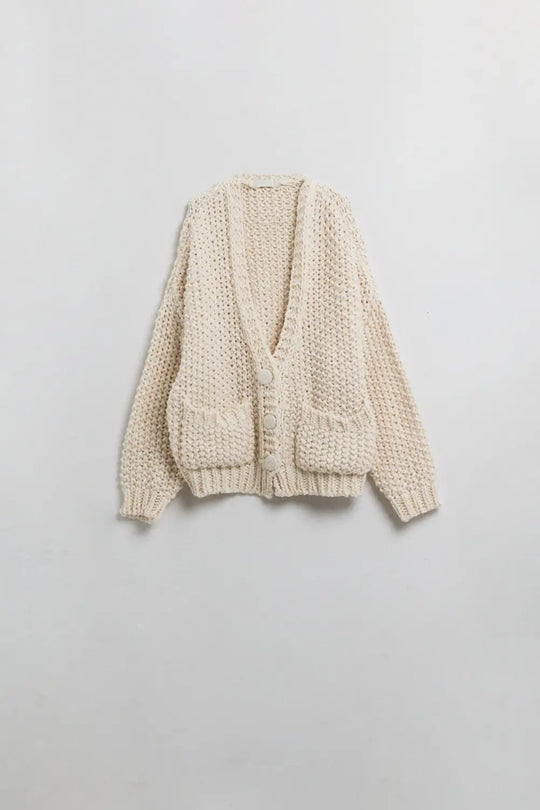 Oversized beige chunky knit jacket with pockets - CREAM / ONE - Cardigans