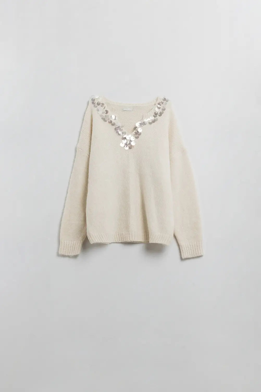 Cream V-neck sweater with sequin detail - CREAM / ONE - Sweaters